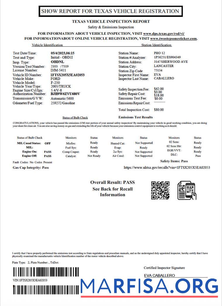 Printable USA Texas vehicle inspection report template